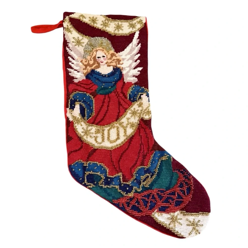 Vtg Needlepoint Christmas Stocking Angel Beaded‎ Victorian Joy Red Velveteen